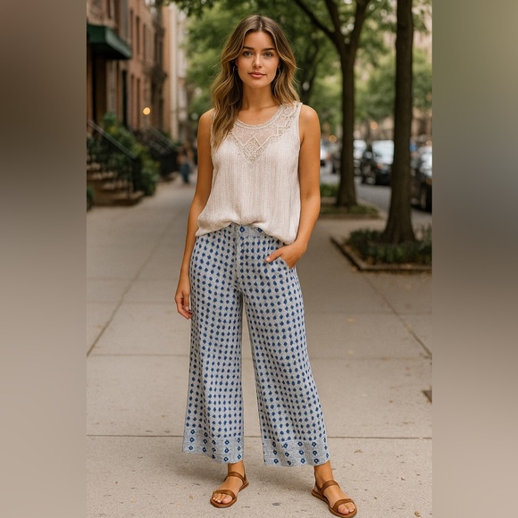 H&M Pants - H&M Blue Patterned Wide Leg Pants with Tie Waist